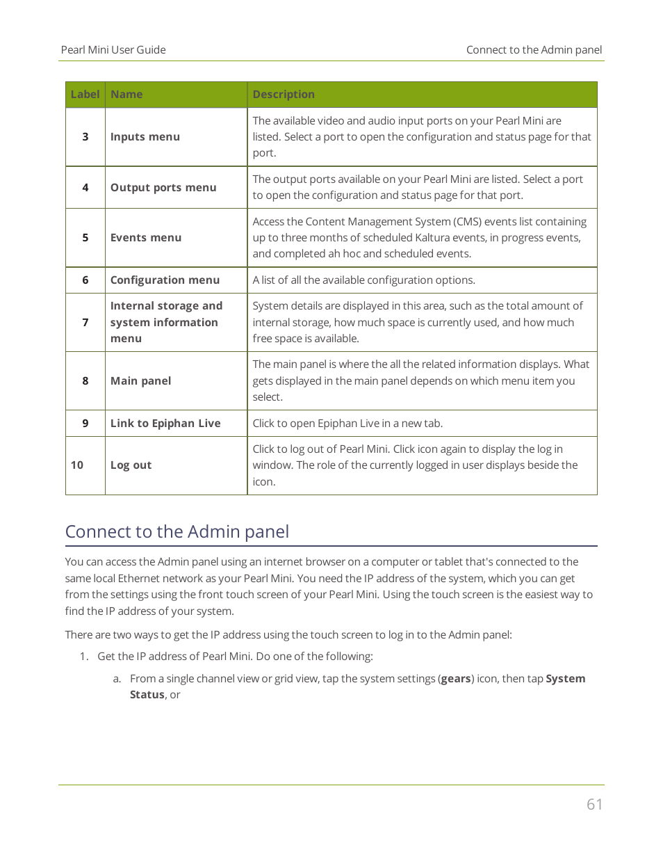 Connect to the admin panel | Epiphan Pearl Mini Live Video Production System User Manual | Page 72 / 438