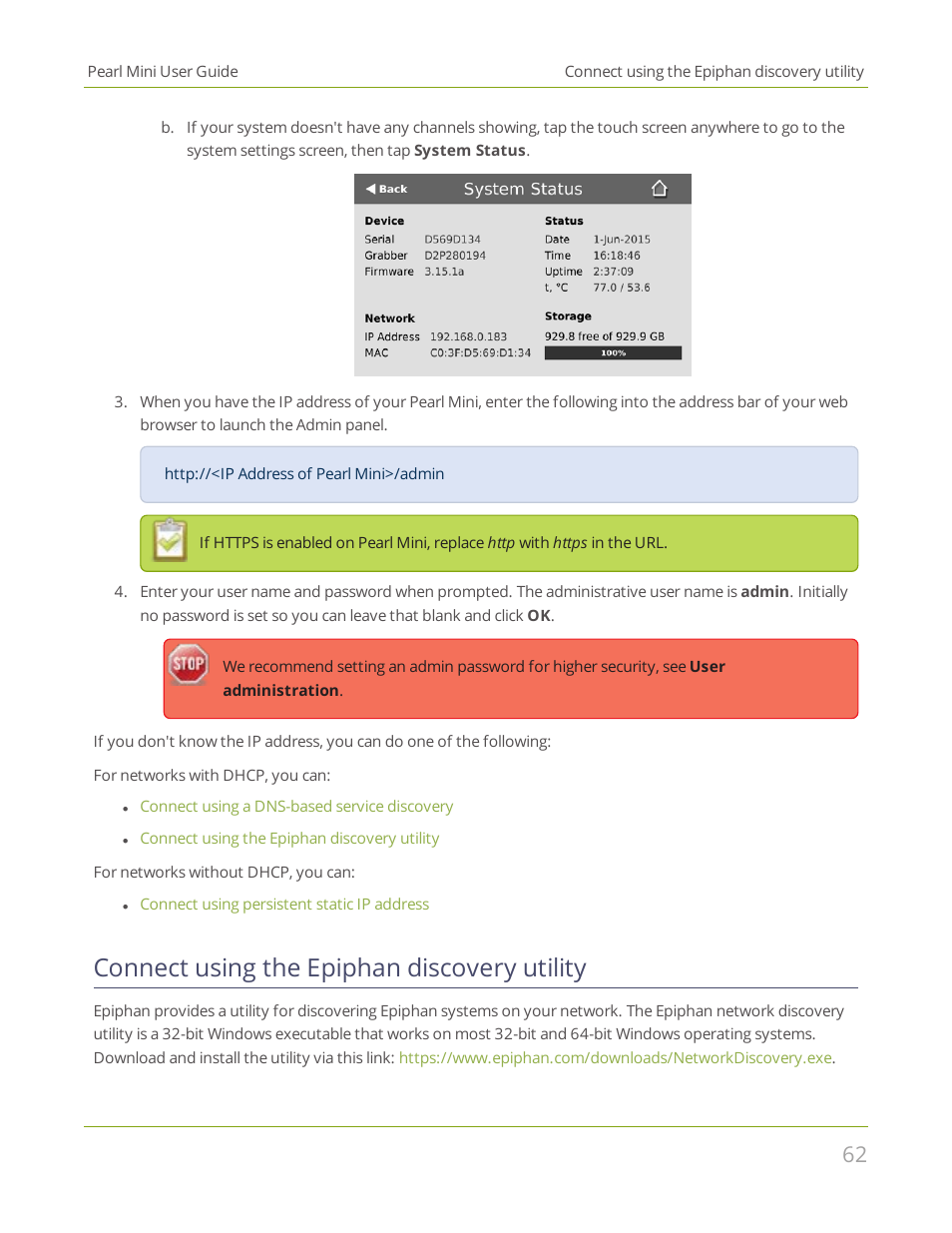 Connect using the epiphan discovery utility | Epiphan Pearl Mini Live Video Production System User Manual | Page 73 / 438