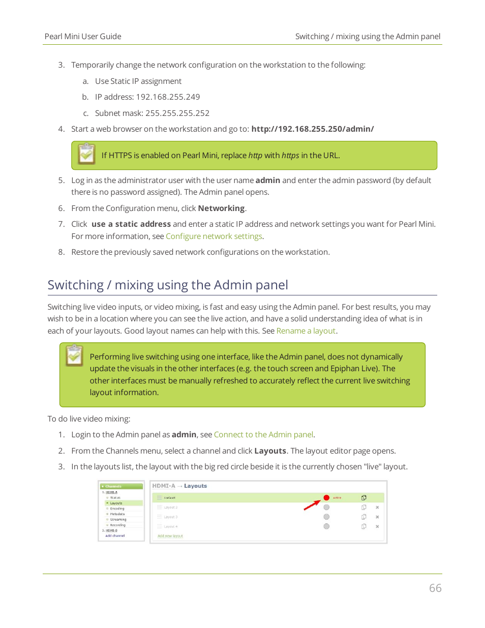Switching / mixing using the admin panel | Epiphan Pearl Mini Live Video Production System User Manual | Page 77 / 438