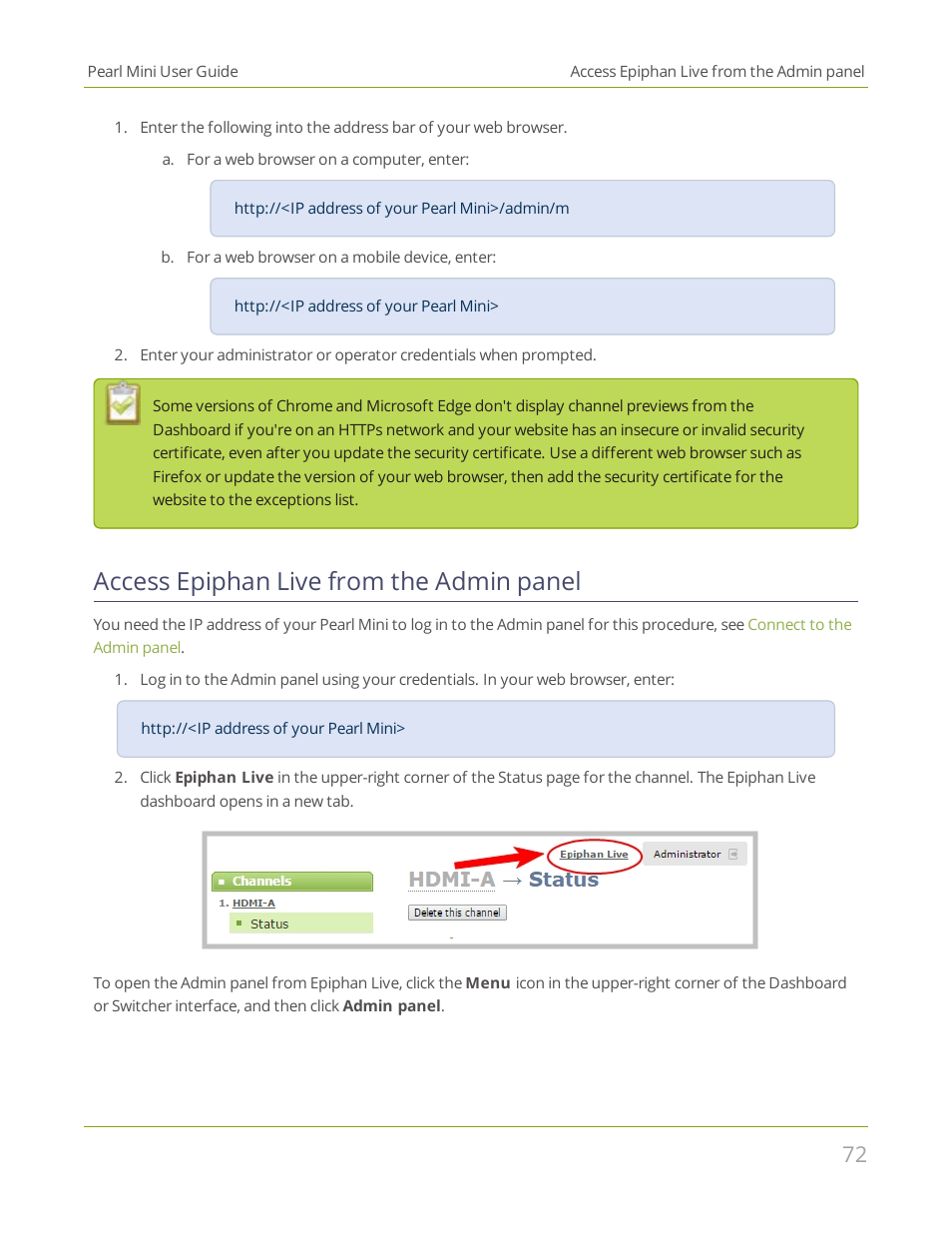 Access epiphan live from the admin panel | Epiphan Pearl Mini Live Video Production System User Manual | Page 83 / 438