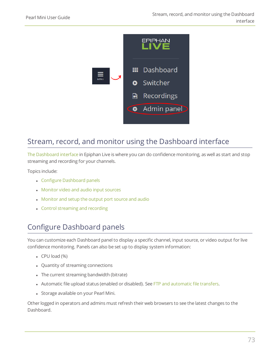 Configure dashboard panels | Epiphan Pearl Mini Live Video Production System User Manual | Page 84 / 438