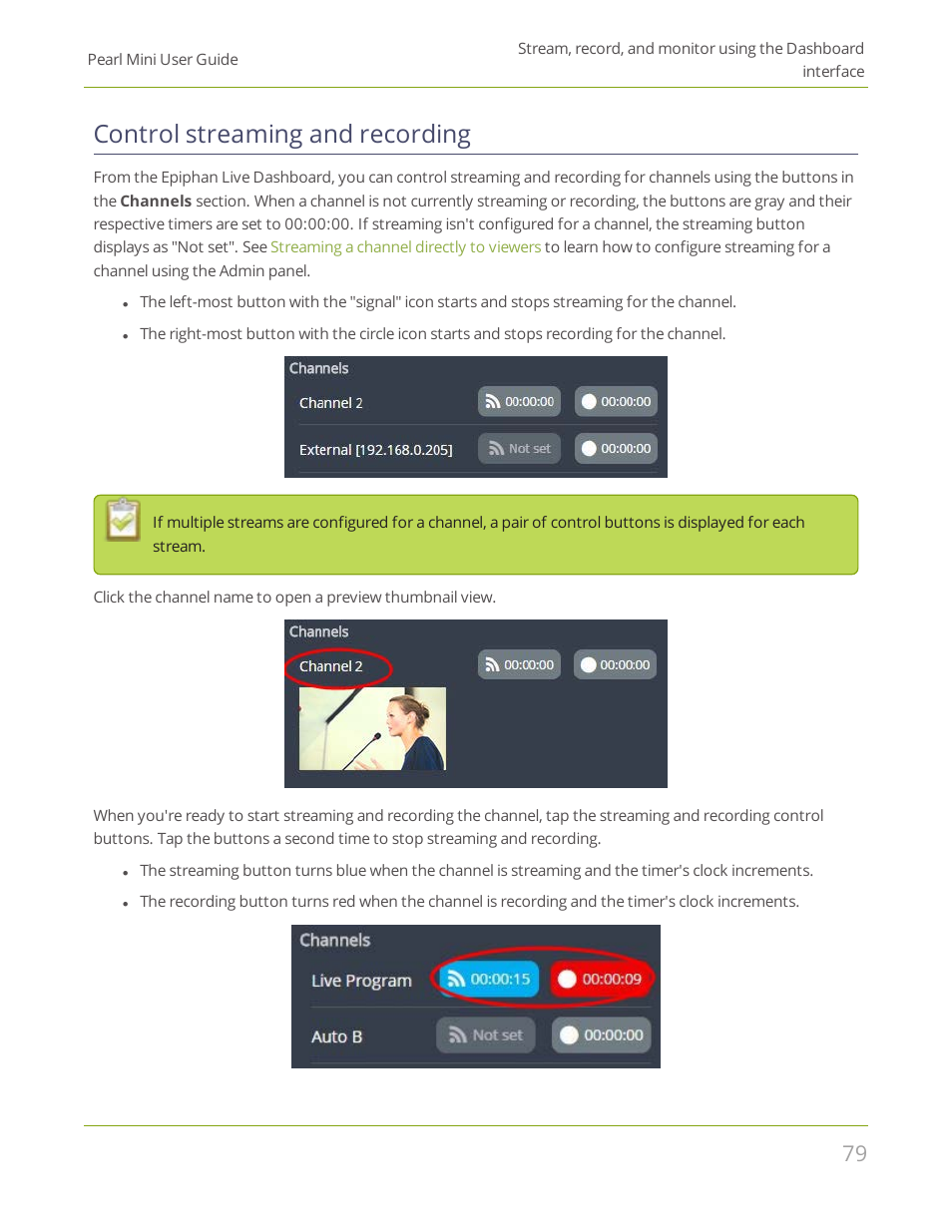 Control streaming and recording | Epiphan Pearl Mini Live Video Production System User Manual | Page 90 / 438