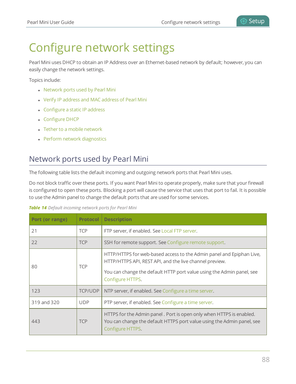 Configure network settings, Network ports used by pearl mini | Epiphan Pearl Mini Live Video Production System User Manual | Page 99 / 438