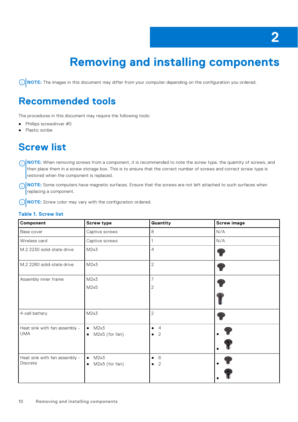 Removing and installing components, Recommended tools, Screw list | Chapter 2: removing and installing components, Recommended tools screw list | Dell 14" Mobile Precision 3470 Mobile Workstation (Silver) User Manual | Page 10 / 121