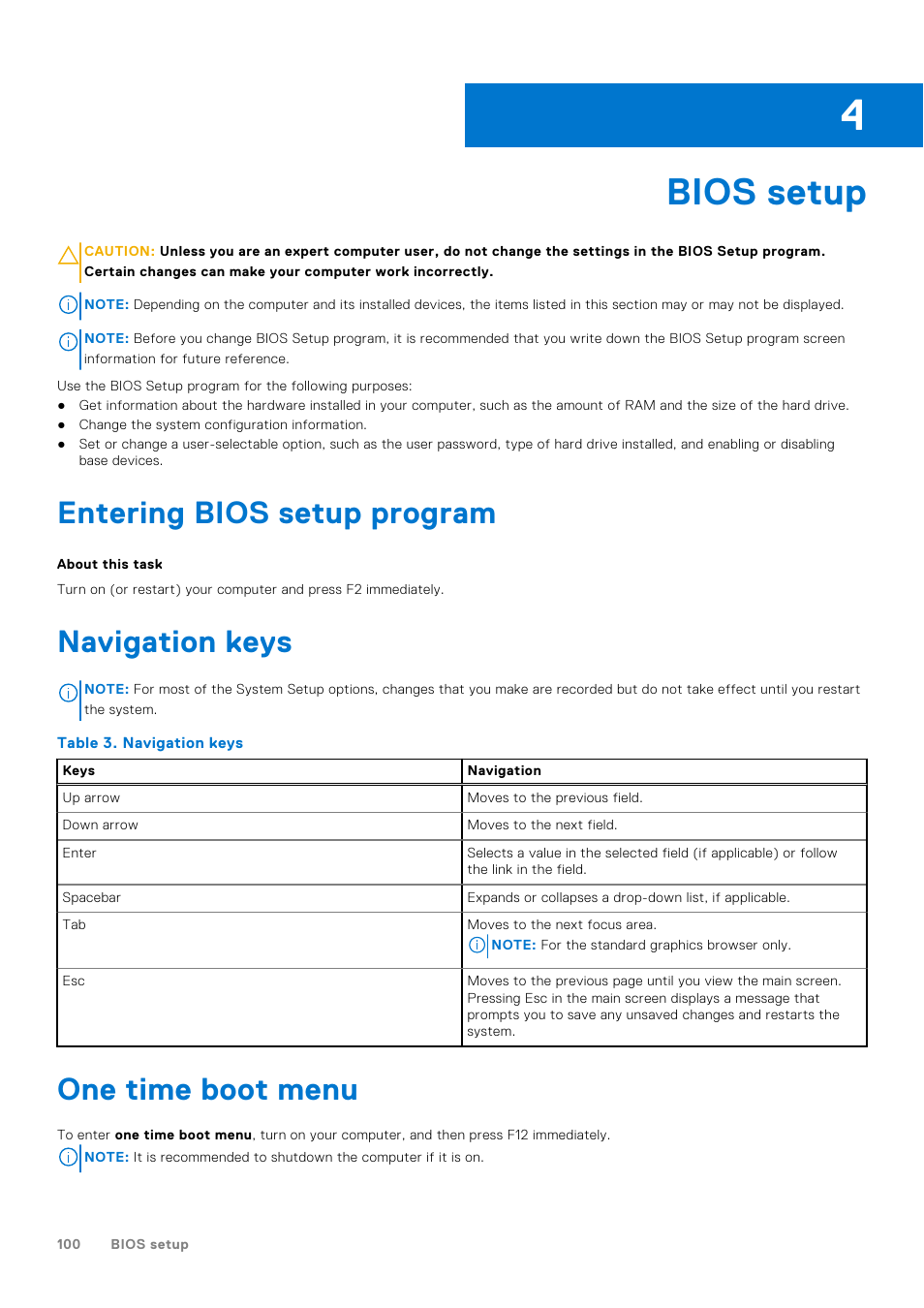 Bios setup, Entering bios setup program, Navigation keys | One time boot menu, Chapter 4: bios setup | Dell 14" Mobile Precision 3470 Mobile Workstation (Silver) User Manual | Page 100 / 121