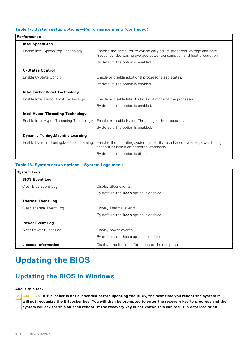 Updating the bios, Updating the bios in windows | Dell 14" Mobile Precision 3470 Mobile Workstation (Silver) User Manual | Page 110 / 121