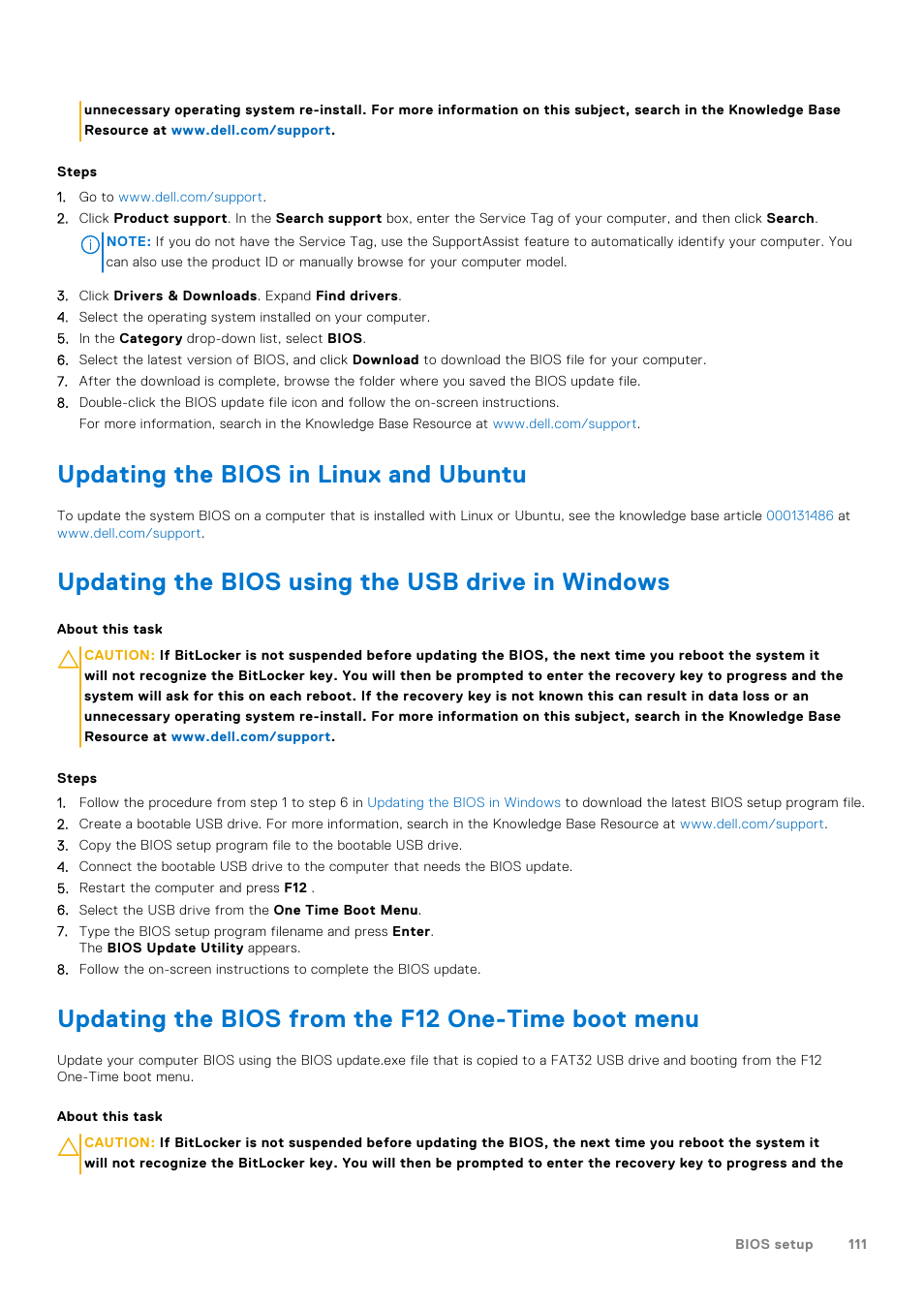 Updating the bios in linux and ubuntu, Updating the bios using the usb drive in windows, Updating the bios from the f12 one-time boot menu | Dell 14" Mobile Precision 3470 Mobile Workstation (Silver) User Manual | Page 111 / 121