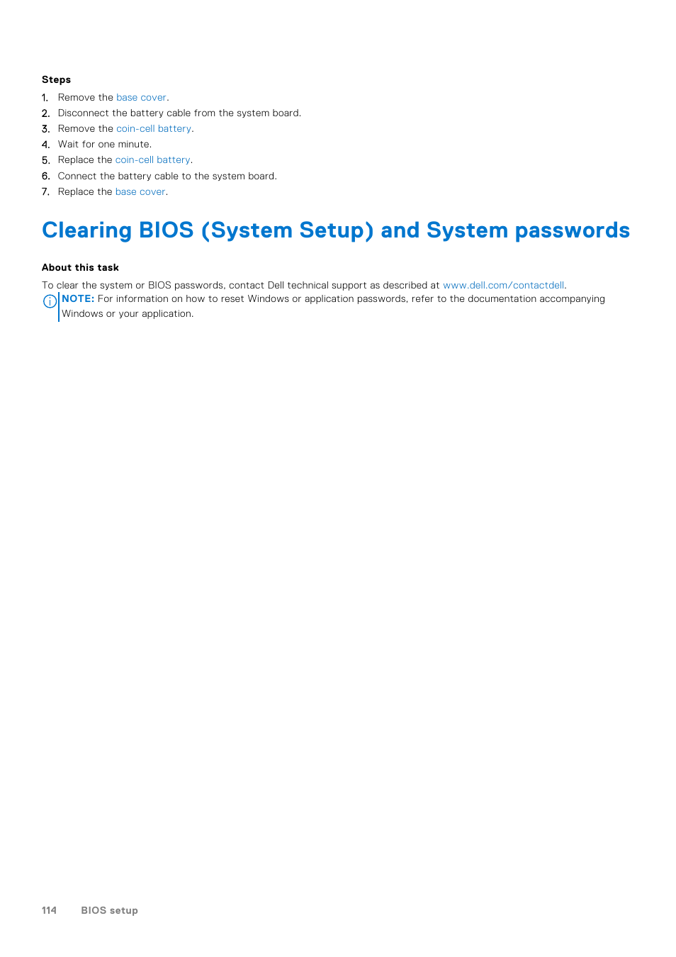 Clearing bios (system setup) and system passwords | Dell 14" Mobile Precision 3470 Mobile Workstation (Silver) User Manual | Page 114 / 121