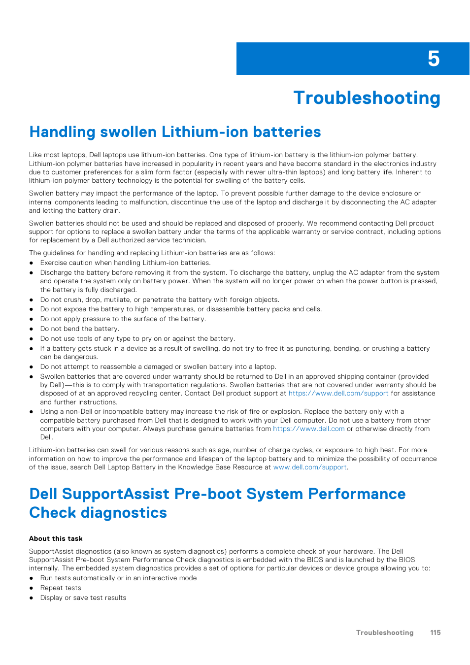 Troubleshooting, Handling swollen lithium-ion batteries, Chapter 5: troubleshooting | Dell 14" Mobile Precision 3470 Mobile Workstation (Silver) User Manual | Page 115 / 121