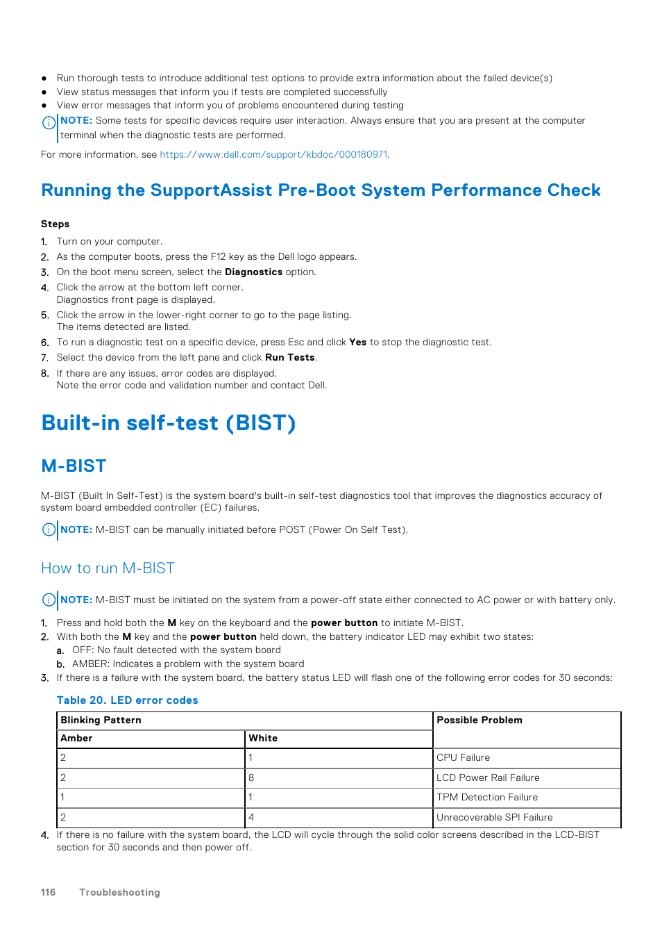 Built-in self-test (bist), M-bist, How to run m-bist | Dell 14" Mobile Precision 3470 Mobile Workstation (Silver) User Manual | Page 116 / 121