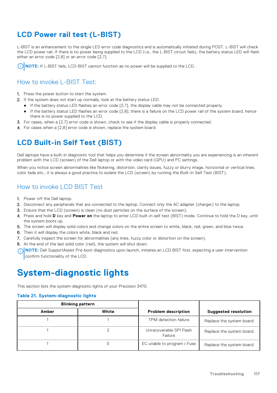 Lcd power rail test (l-bist), Lcd built-in self test (bist), System-diagnostic lights | How to invoke l-bist test, How to invoke lcd bist test | Dell 14" Mobile Precision 3470 Mobile Workstation (Silver) User Manual | Page 117 / 121