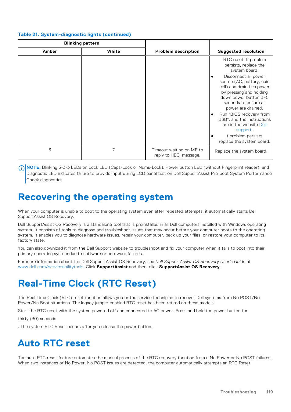 Recovering the operating system, Real-time clock (rtc reset), Auto rtc reset | Dell 14" Mobile Precision 3470 Mobile Workstation (Silver) User Manual | Page 119 / 121