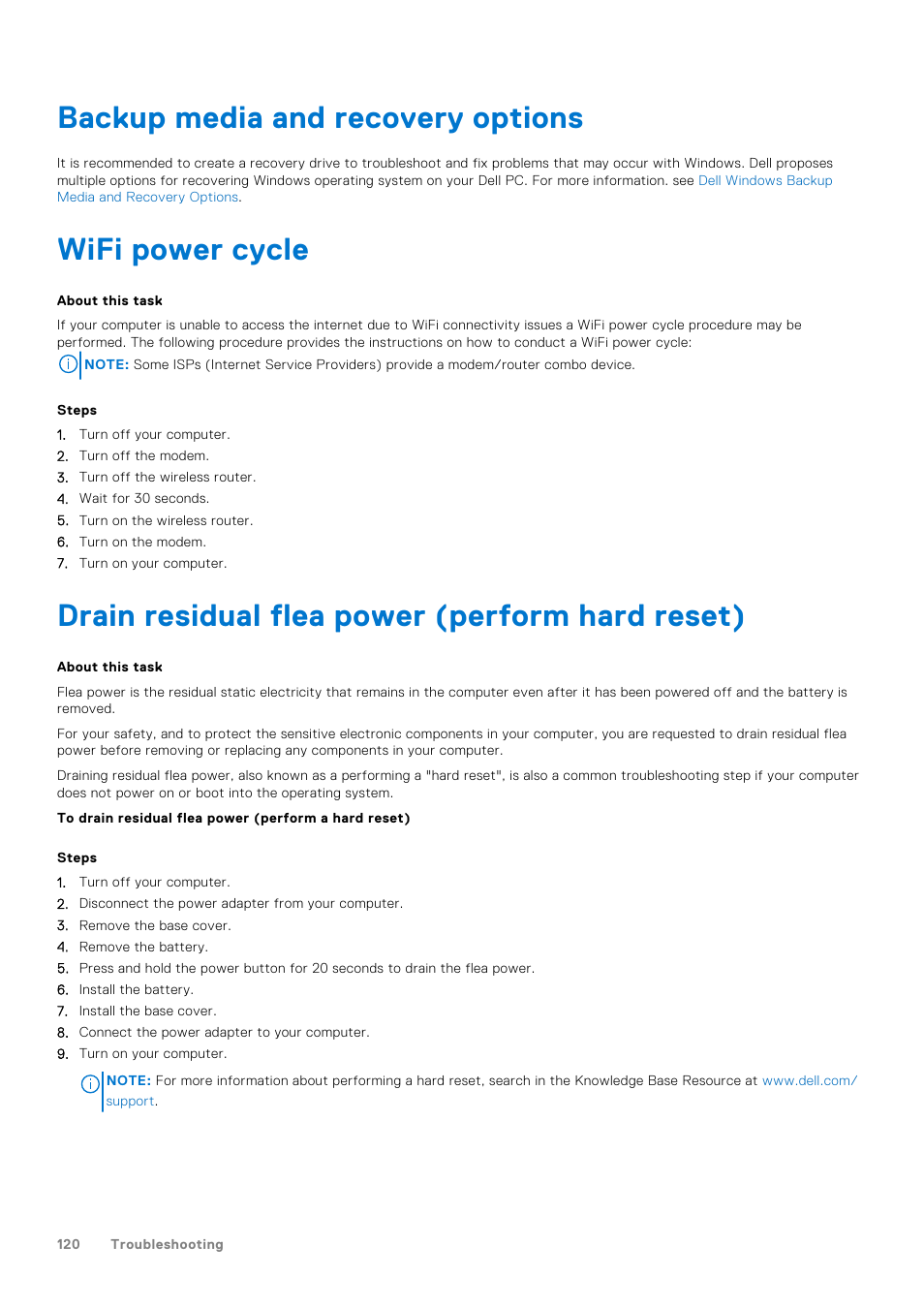 Backup media and recovery options, Wifi power cycle, Drain residual flea power (perform hard reset) | Dell 14" Mobile Precision 3470 Mobile Workstation (Silver) User Manual | Page 120 / 121