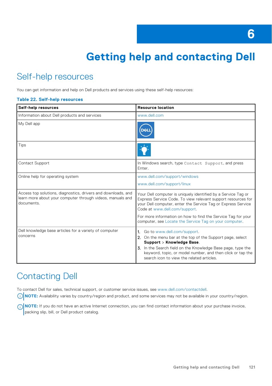Getting help and contacting dell, Chapter 6: getting help and contacting dell, Self-help resources | Contacting dell | Dell 14" Mobile Precision 3470 Mobile Workstation (Silver) User Manual | Page 121 / 121