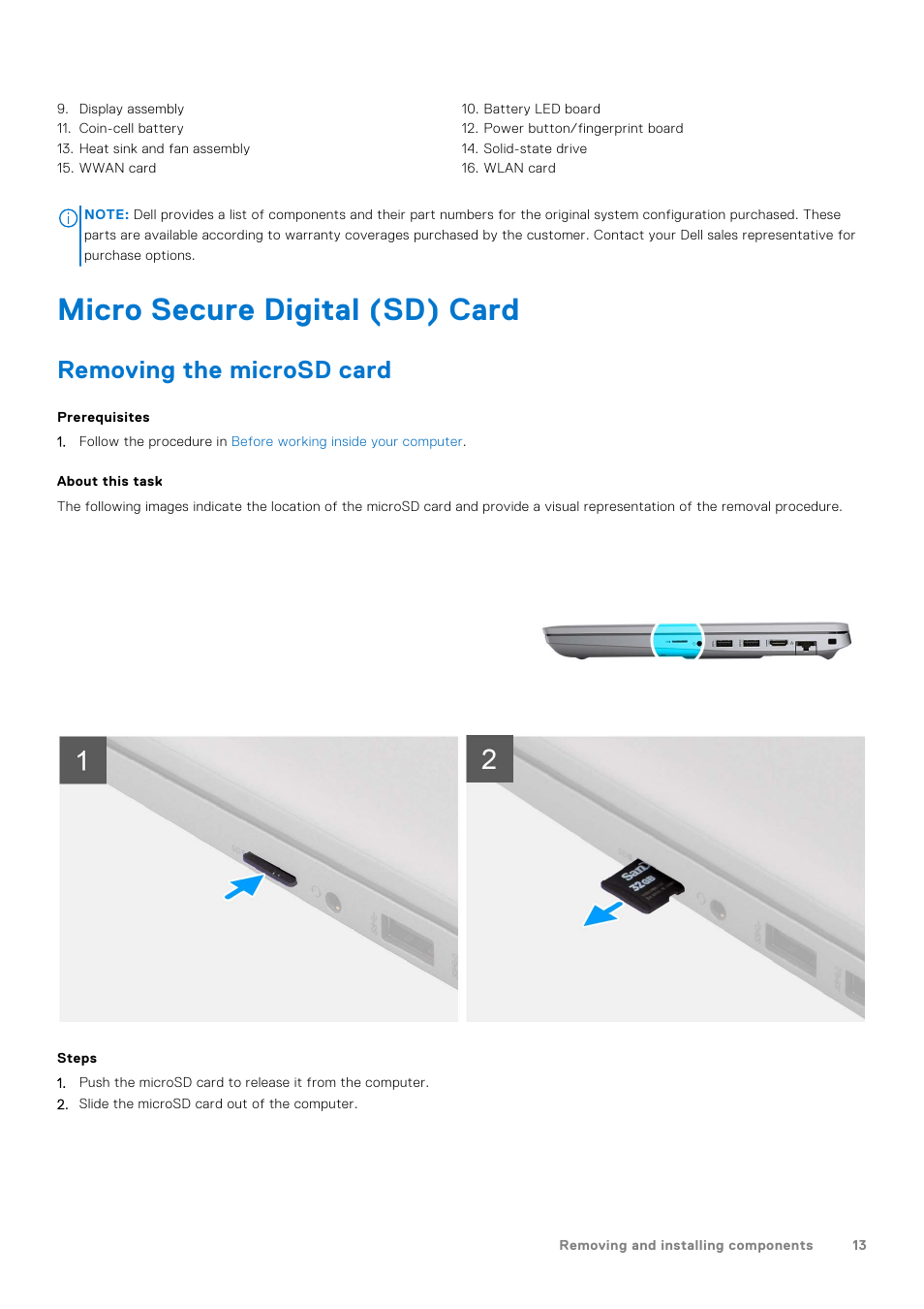 Micro secure digital (sd) card, Removing the microsd card | Dell 14" Mobile Precision 3470 Mobile Workstation (Silver) User Manual | Page 13 / 121