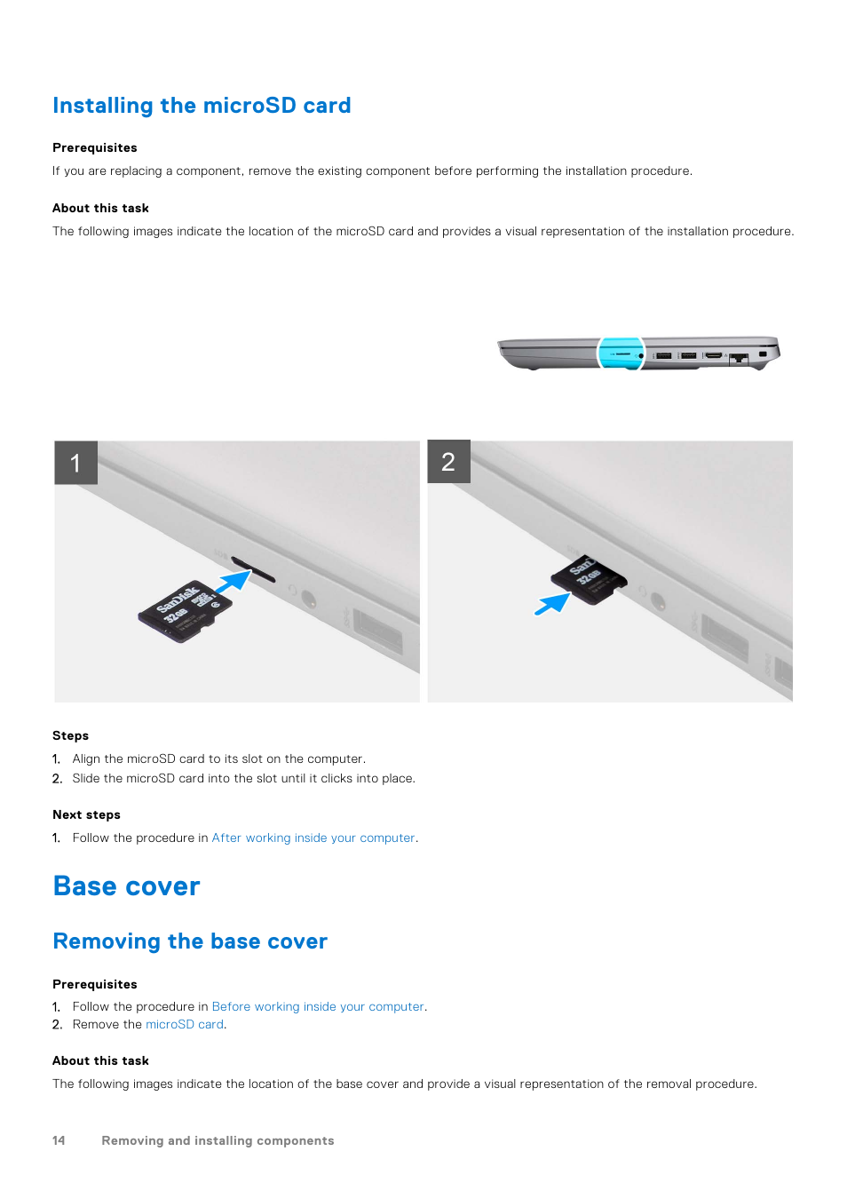 Installing the microsd card, Base cover, Removing the base cover | Dell 14" Mobile Precision 3470 Mobile Workstation (Silver) User Manual | Page 14 / 121