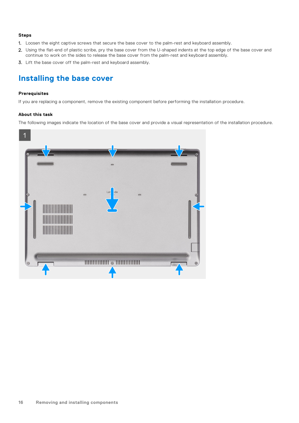 Installing the base cover | Dell 14" Mobile Precision 3470 Mobile Workstation (Silver) User Manual | Page 16 / 121