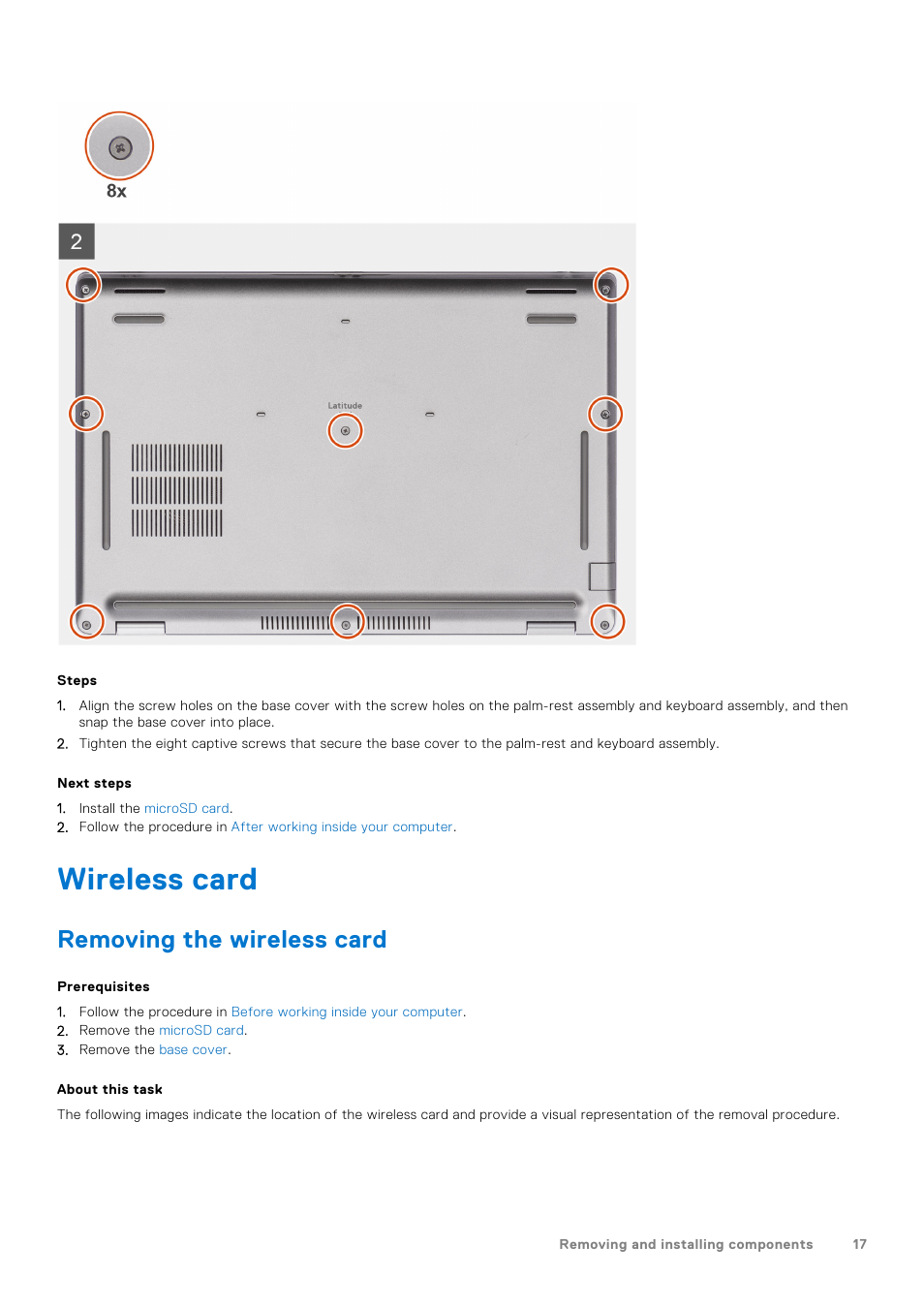 Wireless card, Removing the wireless card | Dell 14" Mobile Precision 3470 Mobile Workstation (Silver) User Manual | Page 17 / 121