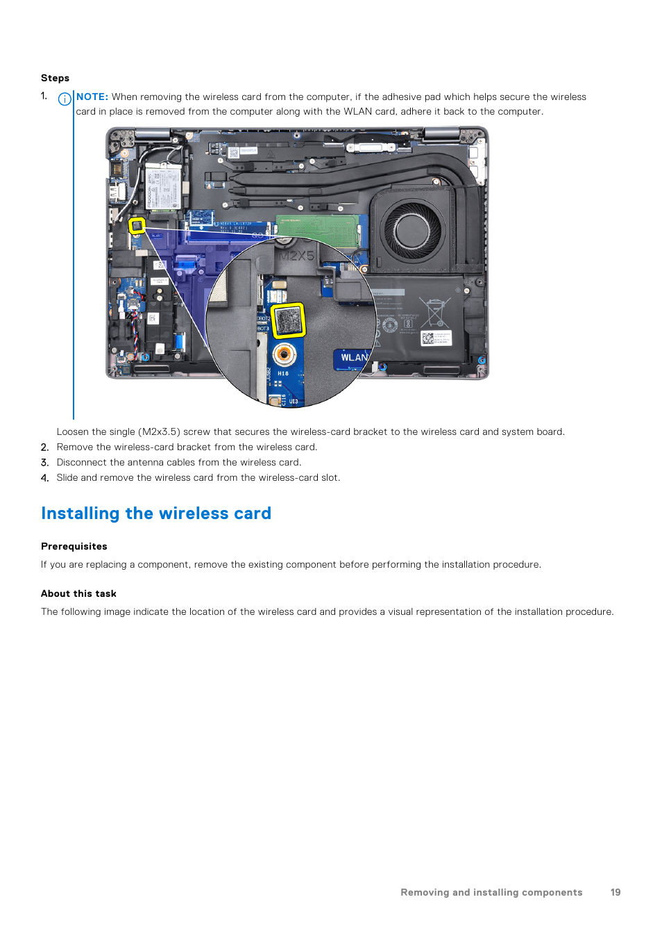 Installing the wireless card | Dell 14" Mobile Precision 3470 Mobile Workstation (Silver) User Manual | Page 19 / 121