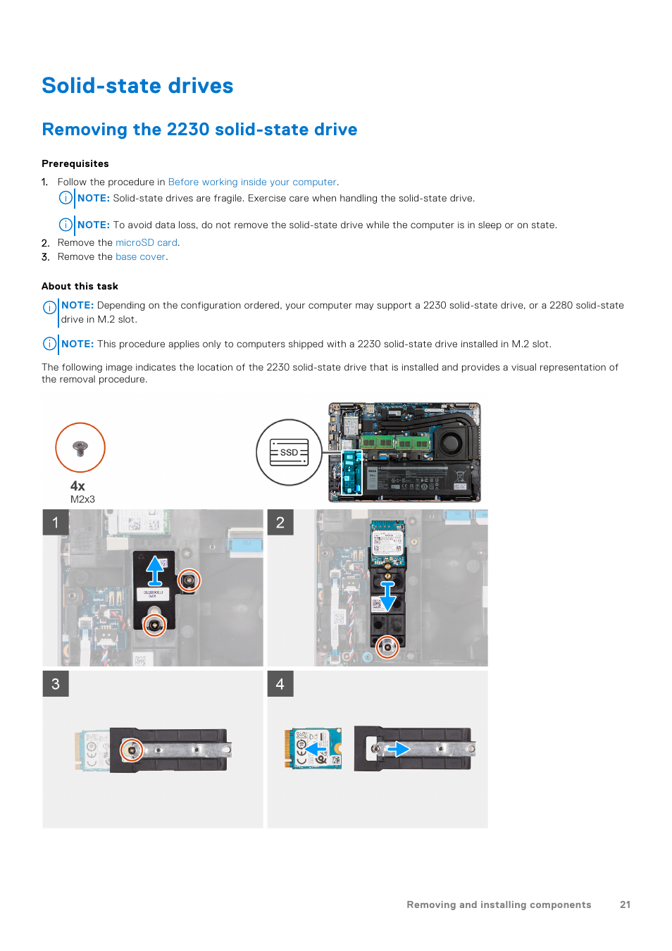 Solid-state drives, Removing the 2230 solid-state drive | Dell 14" Mobile Precision 3470 Mobile Workstation (Silver) User Manual | Page 21 / 121