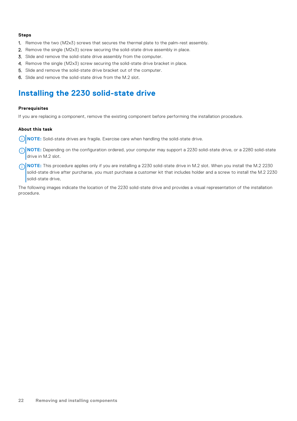 Installing the 2230 solid-state drive | Dell 14" Mobile Precision 3470 Mobile Workstation (Silver) User Manual | Page 22 / 121