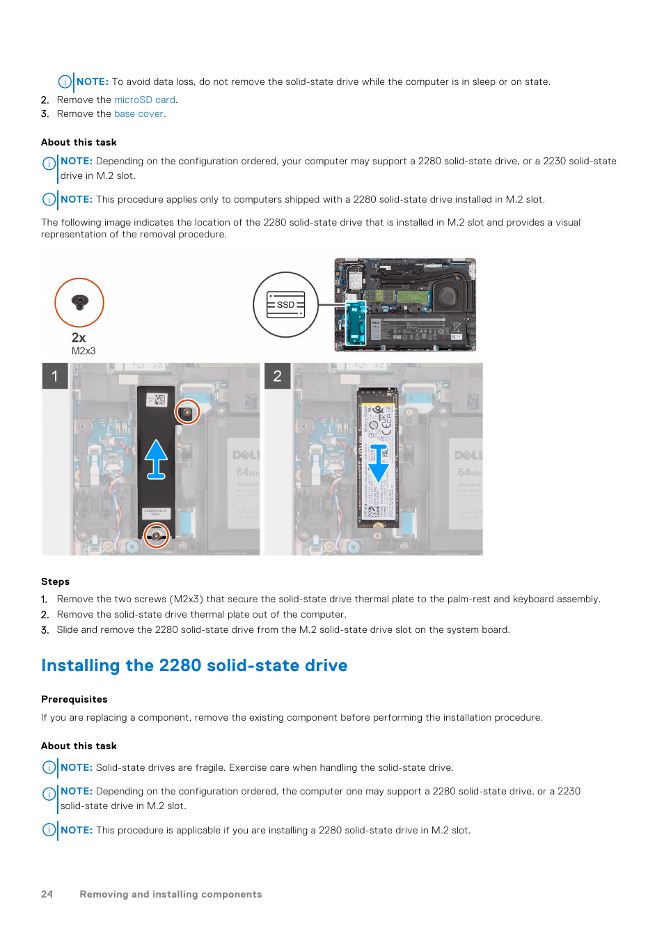 Installing the 2280 solid-state drive | Dell 14" Mobile Precision 3470 Mobile Workstation (Silver) User Manual | Page 24 / 121