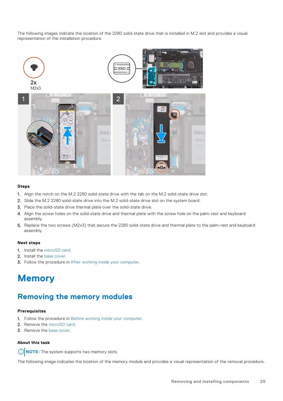 Memory, Removing the memory modules | Dell 14" Mobile Precision 3470 Mobile Workstation (Silver) User Manual | Page 25 / 121