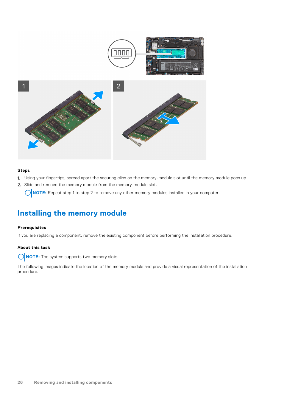 Installing the memory module | Dell 14" Mobile Precision 3470 Mobile Workstation (Silver) User Manual | Page 26 / 121