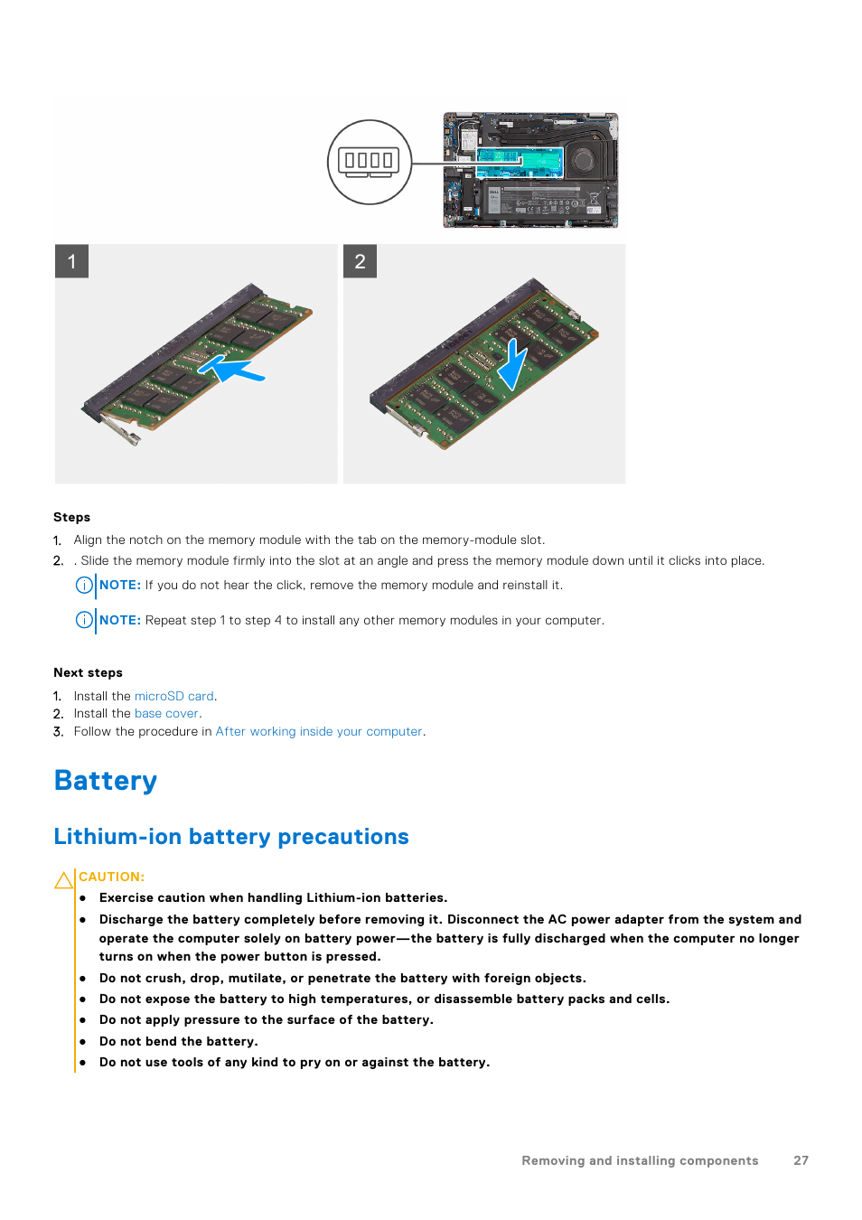 Battery, Lithium-ion battery precautions | Dell 14" Mobile Precision 3470 Mobile Workstation (Silver) User Manual | Page 27 / 121