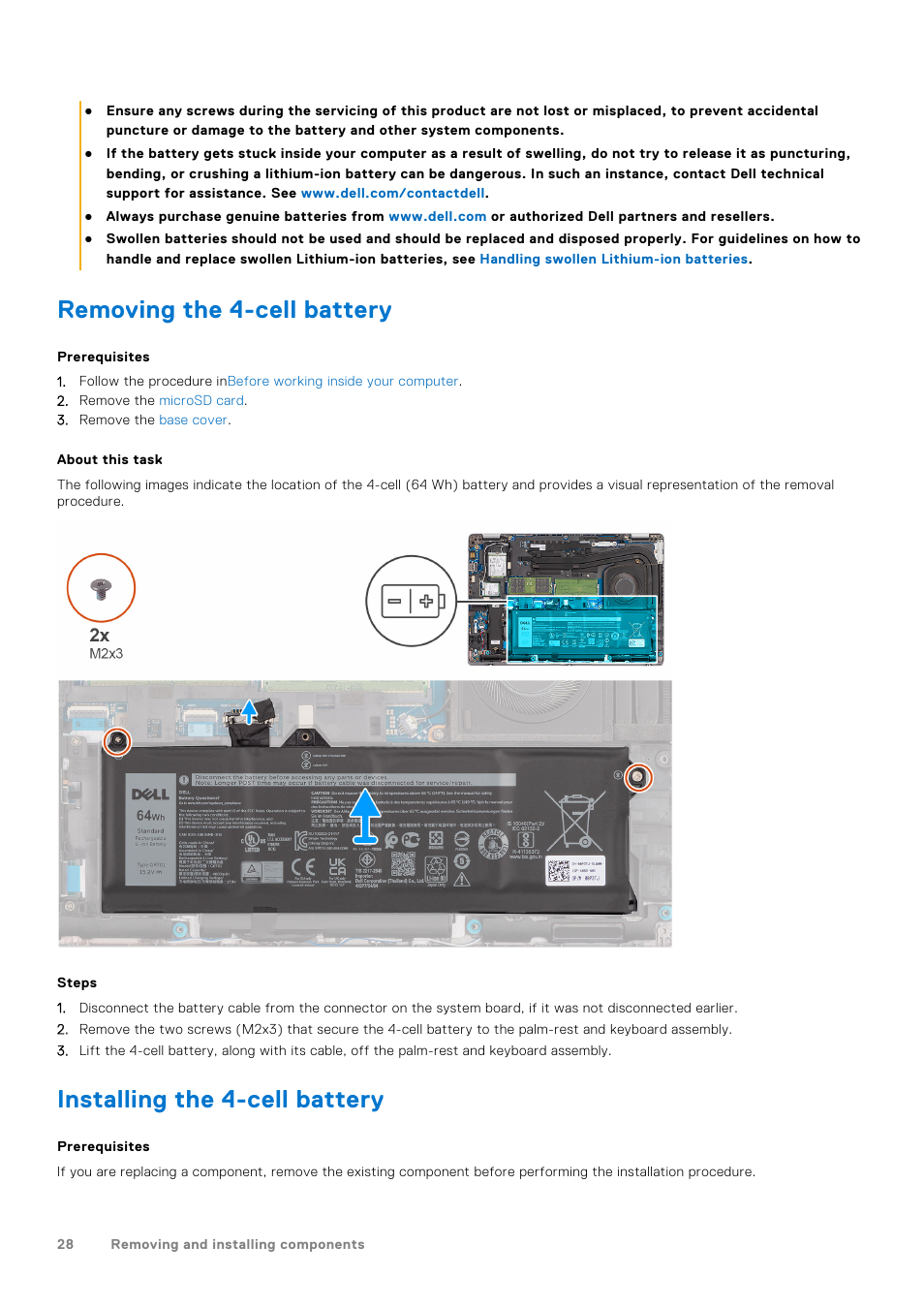 Removing the 4-cell battery, Installing the 4-cell battery | Dell 14" Mobile Precision 3470 Mobile Workstation (Silver) User Manual | Page 28 / 121