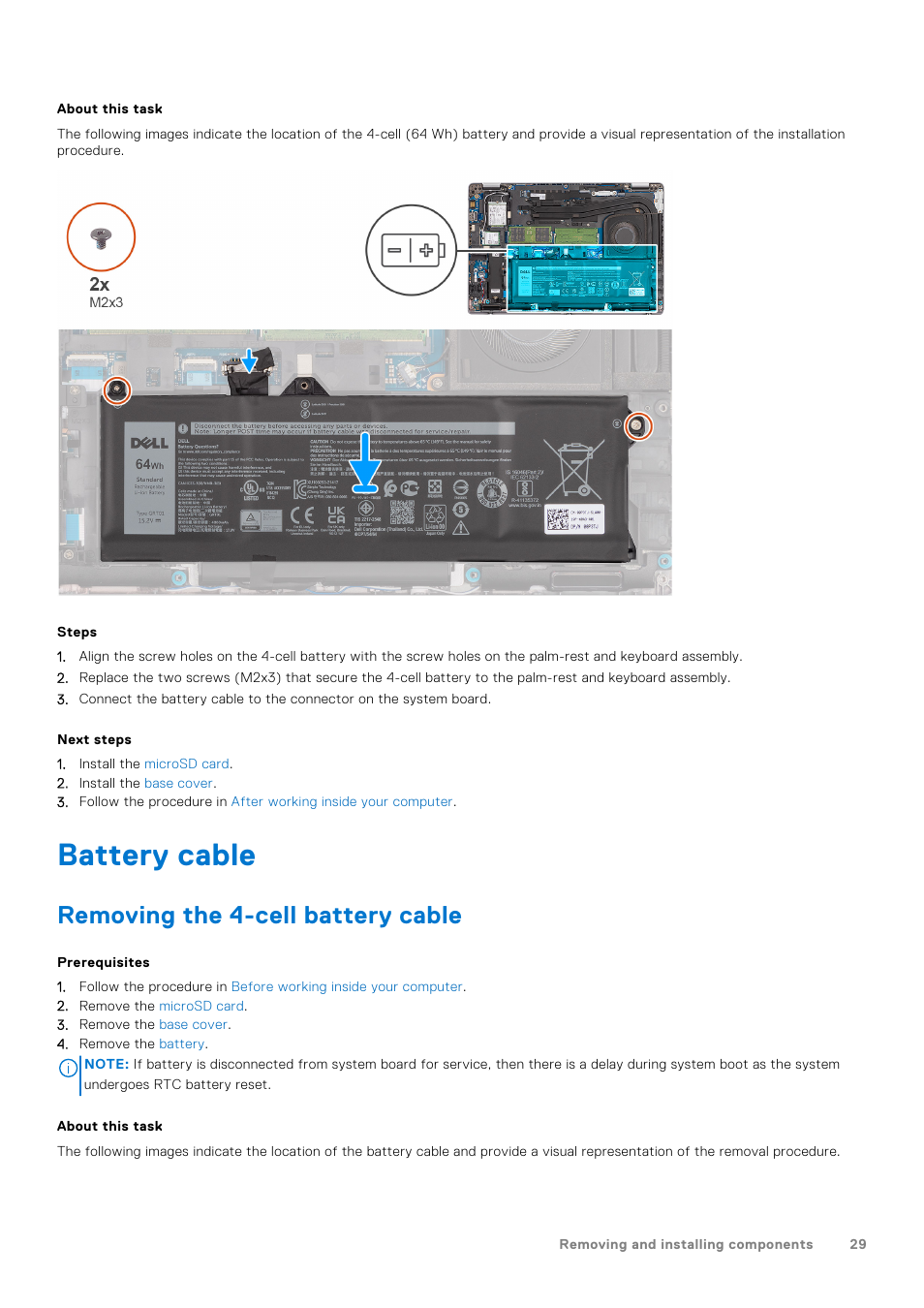 Battery cable, Removing the 4-cell battery cable | Dell 14" Mobile Precision 3470 Mobile Workstation (Silver) User Manual | Page 29 / 121