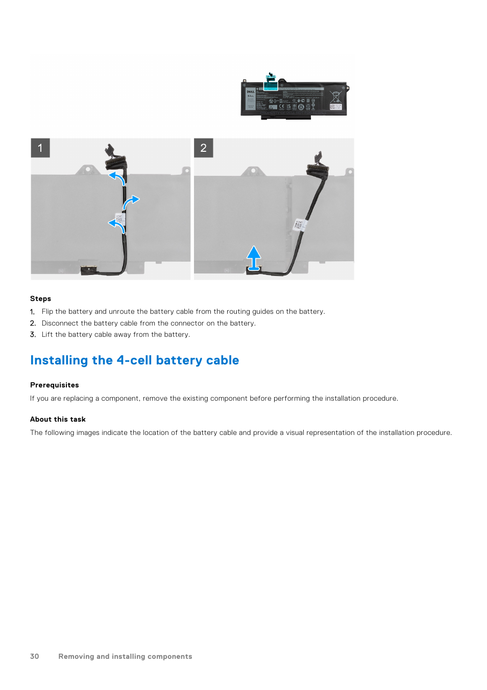 Installing the 4-cell battery cable | Dell 14" Mobile Precision 3470 Mobile Workstation (Silver) User Manual | Page 30 / 121