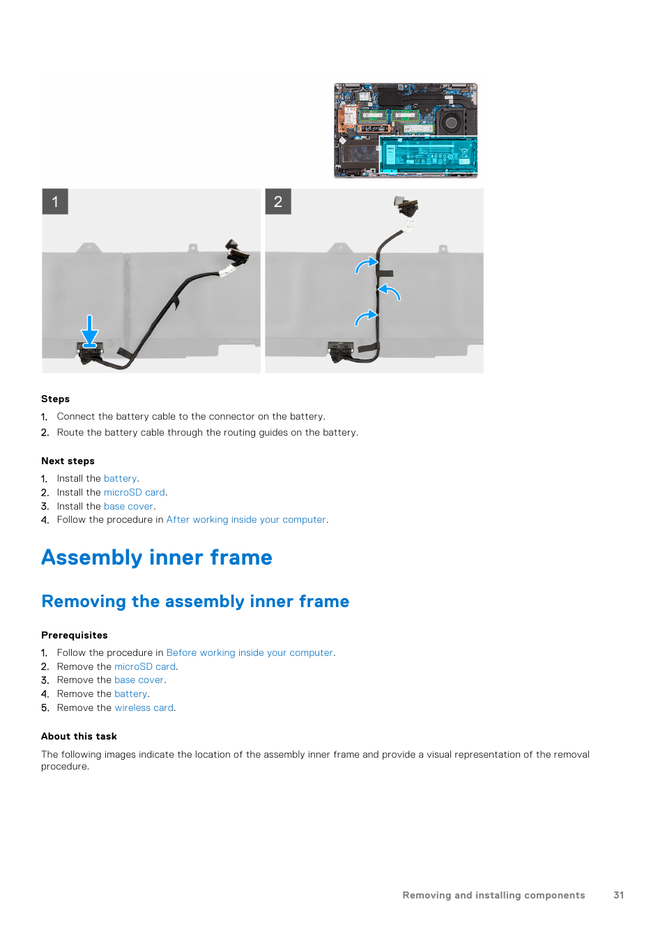 Assembly inner frame, Removing the assembly inner frame | Dell 14" Mobile Precision 3470 Mobile Workstation (Silver) User Manual | Page 31 / 121