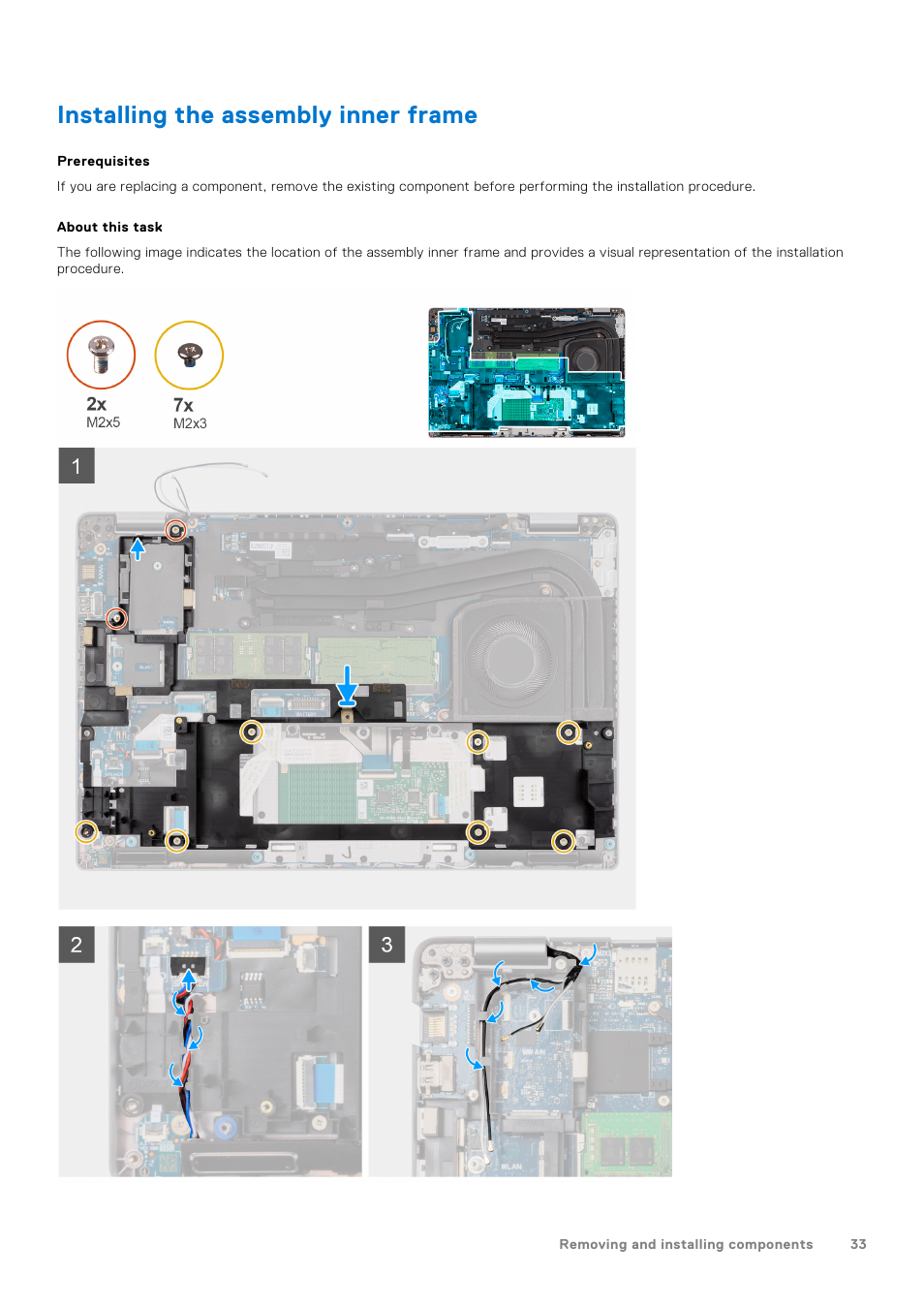 Installing the assembly inner frame | Dell 14" Mobile Precision 3470 Mobile Workstation (Silver) User Manual | Page 33 / 121