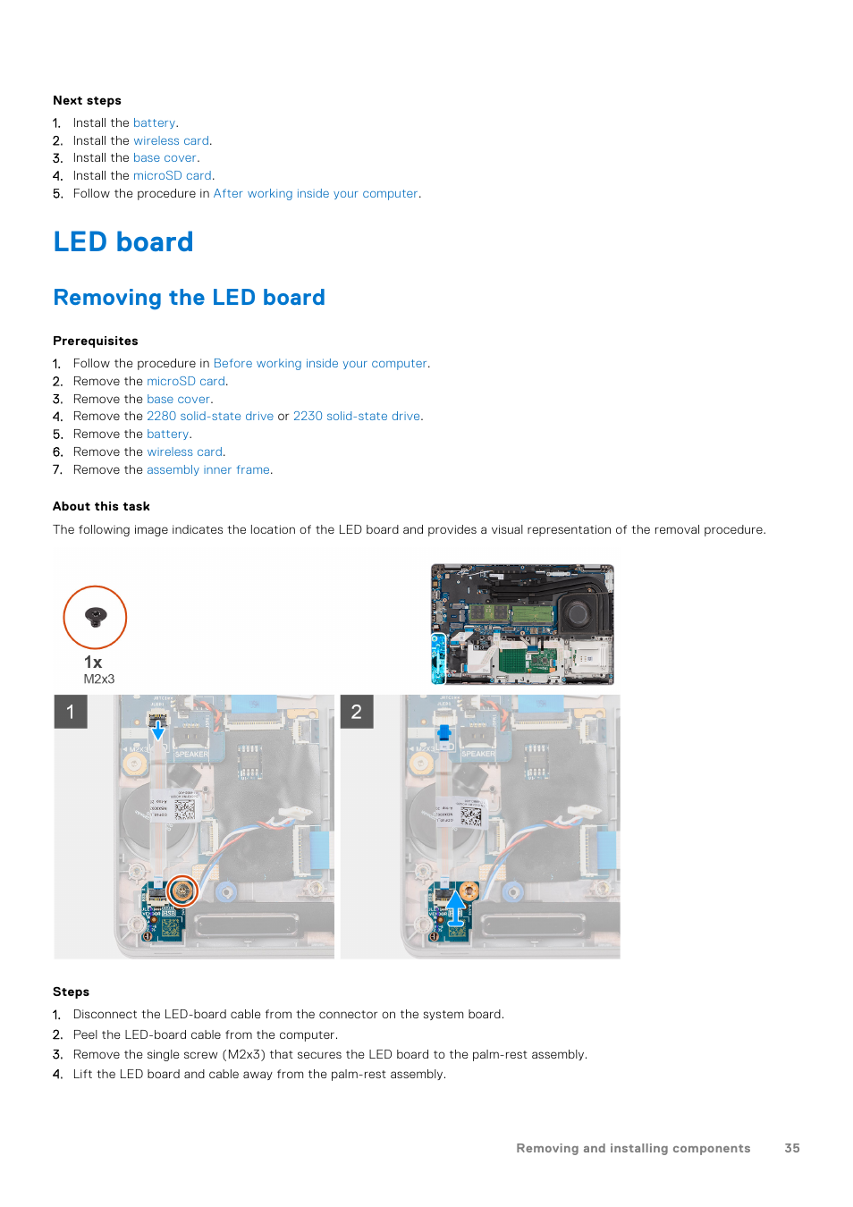 Led board, Removing the led board | Dell 14" Mobile Precision 3470 Mobile Workstation (Silver) User Manual | Page 35 / 121