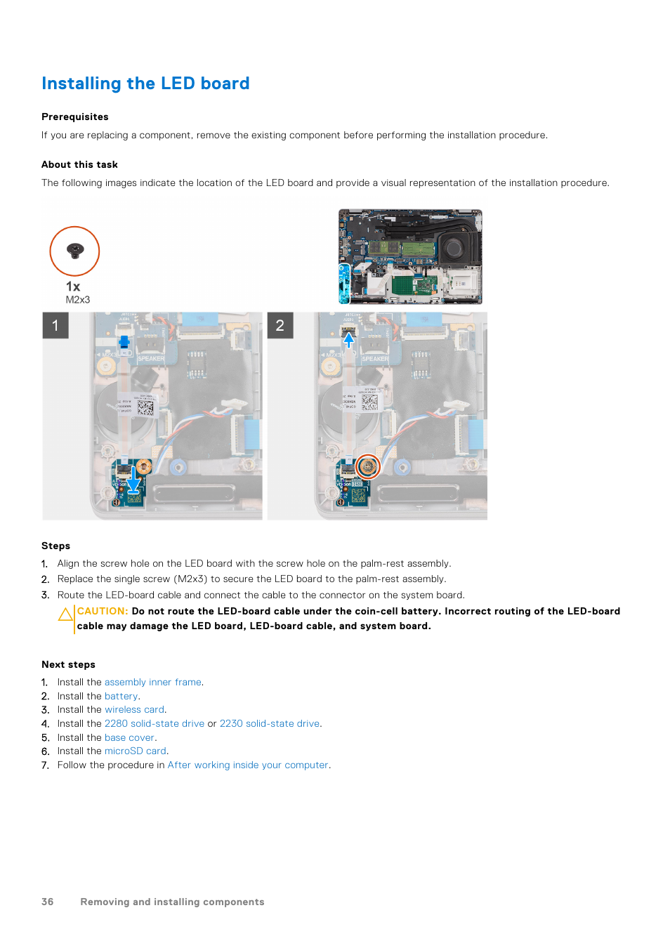 Installing the led board | Dell 14" Mobile Precision 3470 Mobile Workstation (Silver) User Manual | Page 36 / 121