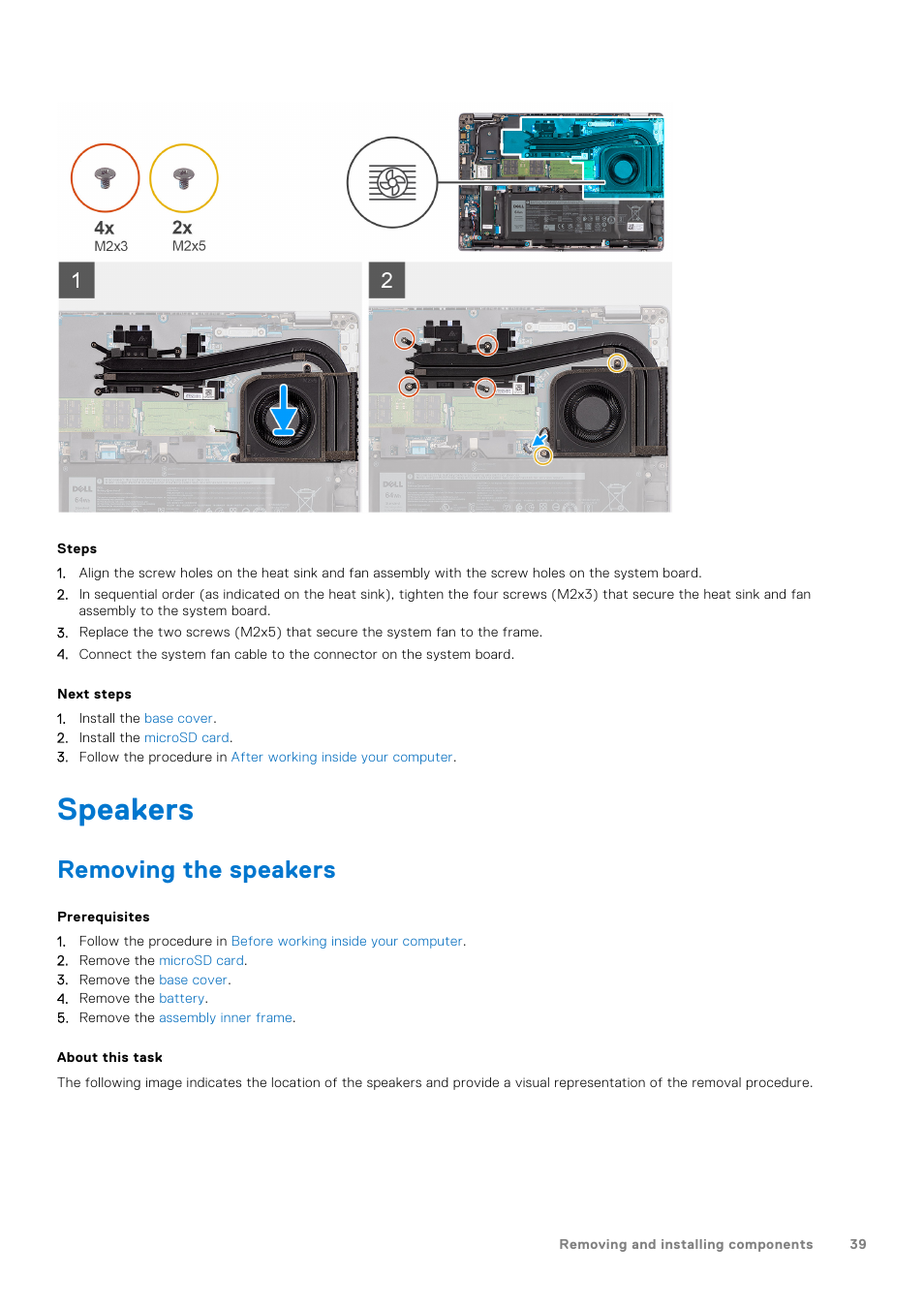 Speakers, Removing the speakers | Dell 14" Mobile Precision 3470 Mobile Workstation (Silver) User Manual | Page 39 / 121