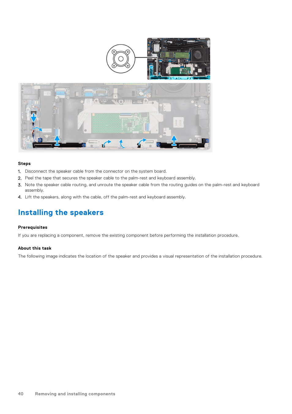 Installing the speakers | Dell 14" Mobile Precision 3470 Mobile Workstation (Silver) User Manual | Page 40 / 121