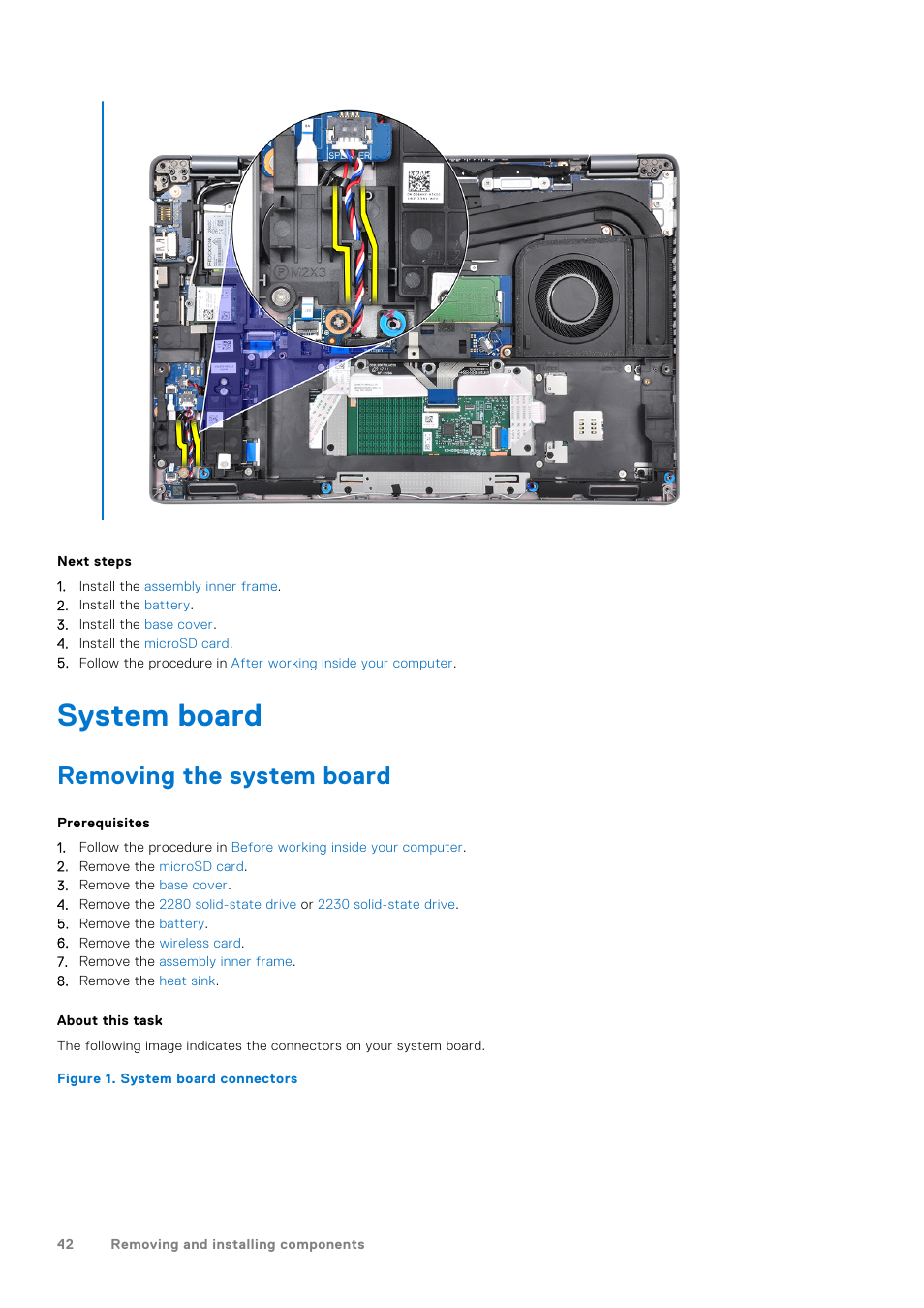 System board, Removing the system board | Dell 14" Mobile Precision 3470 Mobile Workstation (Silver) User Manual | Page 42 / 121