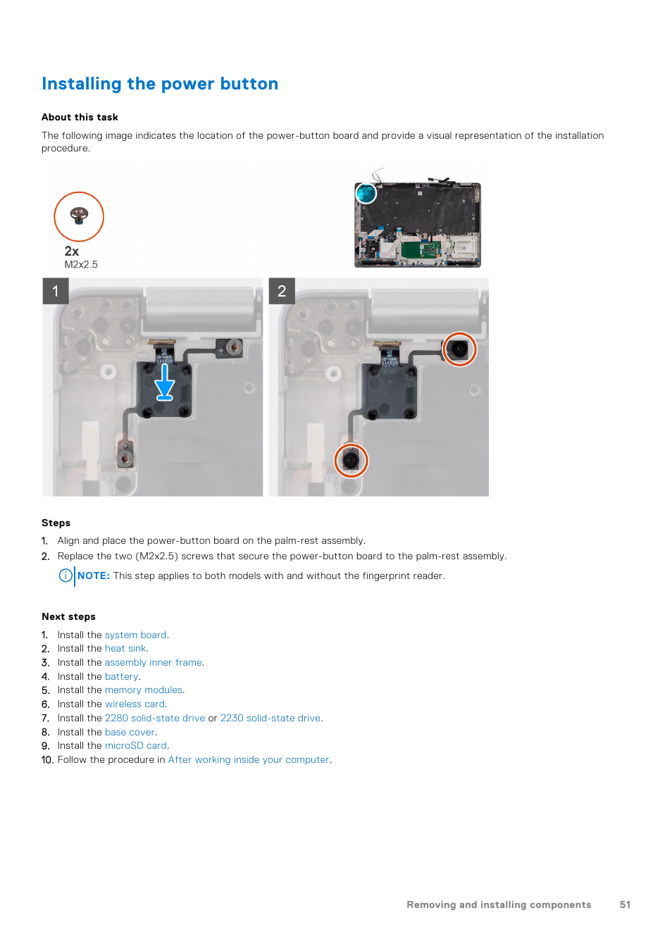 Installing the power button | Dell 14" Mobile Precision 3470 Mobile Workstation (Silver) User Manual | Page 51 / 121