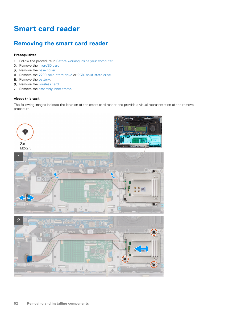 Smart card reader, Removing the smart card reader | Dell 14" Mobile Precision 3470 Mobile Workstation (Silver) User Manual | Page 52 / 121