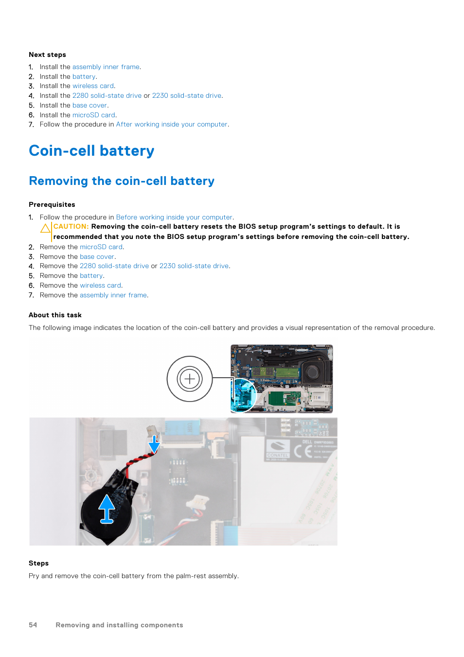 Coin-cell battery, Removing the coin-cell battery | Dell 14" Mobile Precision 3470 Mobile Workstation (Silver) User Manual | Page 54 / 121