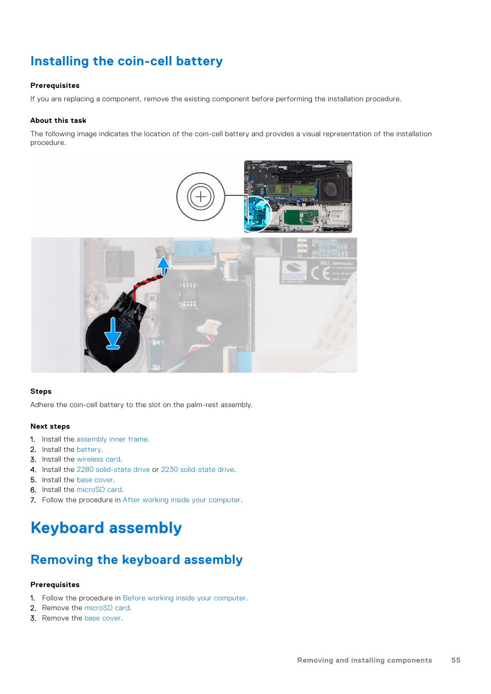 Installing the coin-cell battery, Keyboard assembly, Removing the keyboard assembly | Dell 14" Mobile Precision 3470 Mobile Workstation (Silver) User Manual | Page 55 / 121