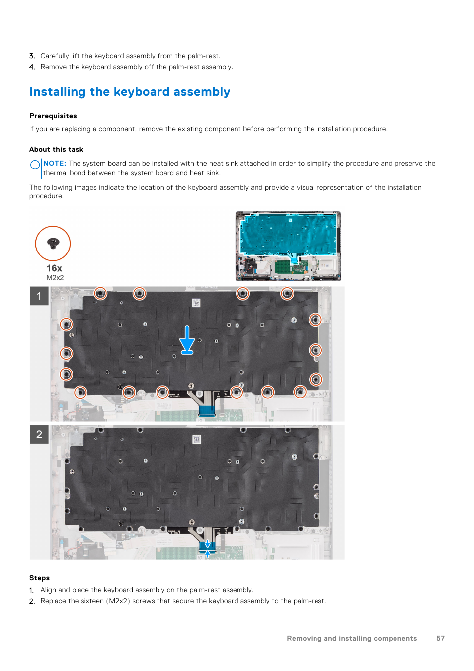 Installing the keyboard assembly | Dell 14" Mobile Precision 3470 Mobile Workstation (Silver) User Manual | Page 57 / 121
