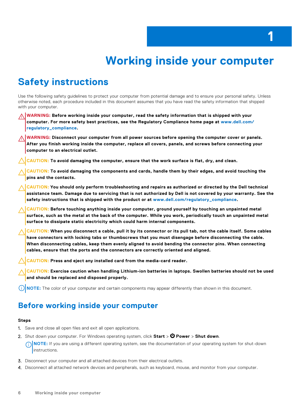 Working inside your computer, Safety instructions, Before working inside your computer | Chapter 1: working inside your computer | Dell 14" Mobile Precision 3470 Mobile Workstation (Silver) User Manual | Page 6 / 121