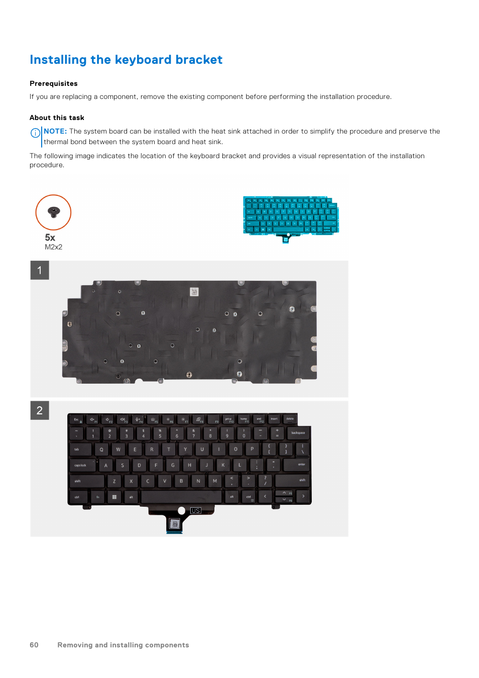 Installing the keyboard bracket | Dell 14" Mobile Precision 3470 Mobile Workstation (Silver) User Manual | Page 60 / 121