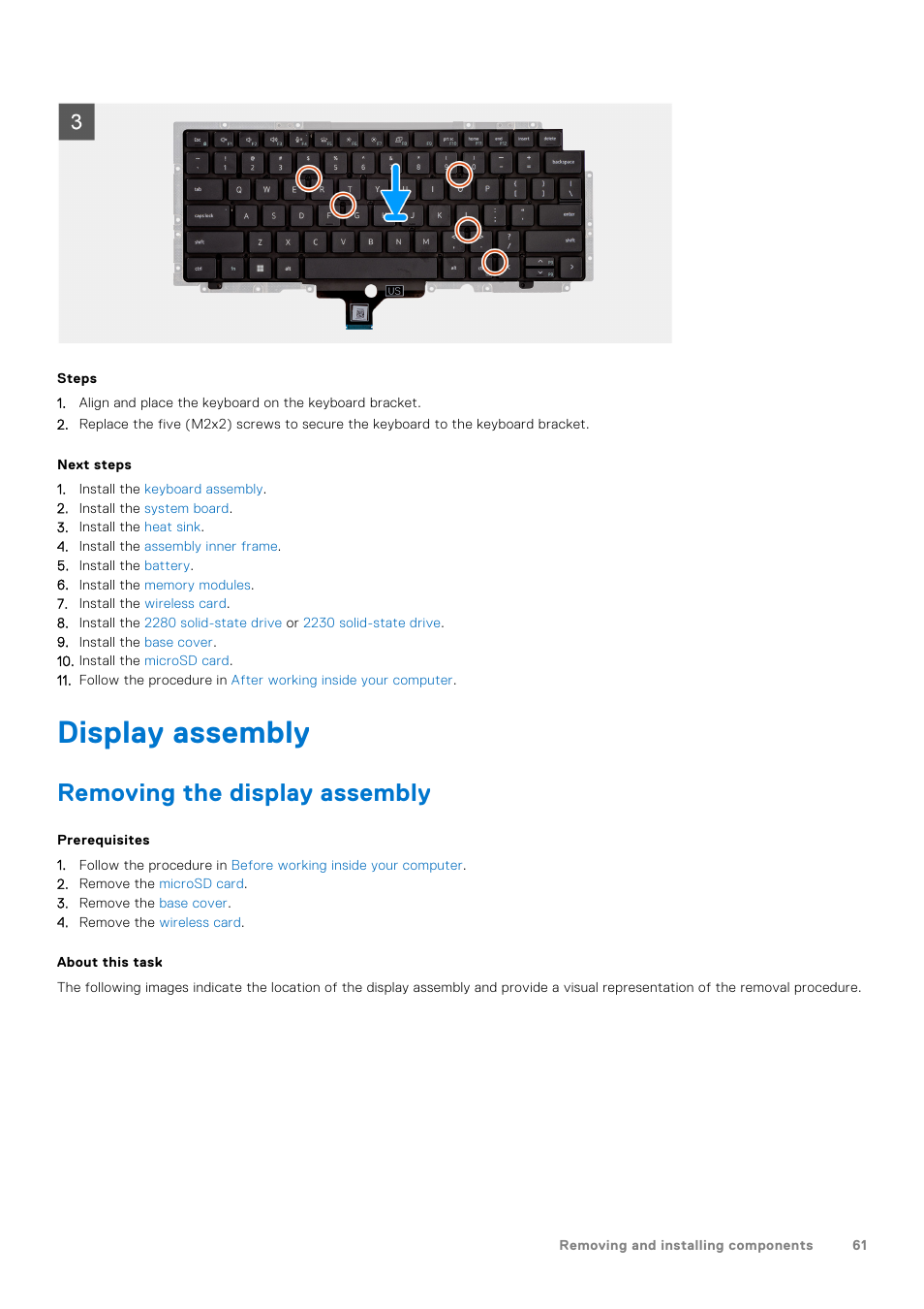 Display assembly, Removing the display assembly | Dell 14" Mobile Precision 3470 Mobile Workstation (Silver) User Manual | Page 61 / 121
