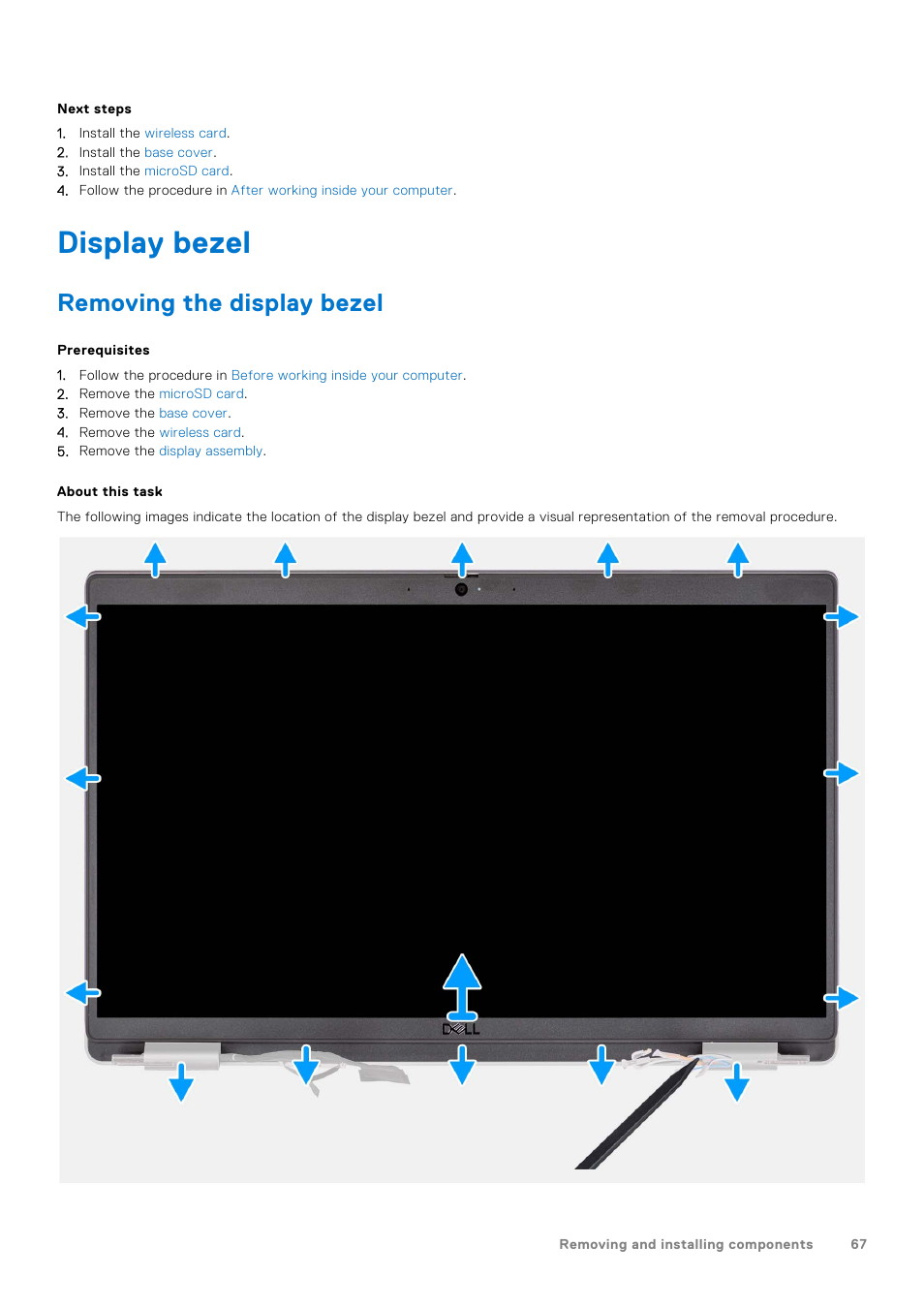 Display bezel, Removing the display bezel | Dell 14" Mobile Precision 3470 Mobile Workstation (Silver) User Manual | Page 67 / 121