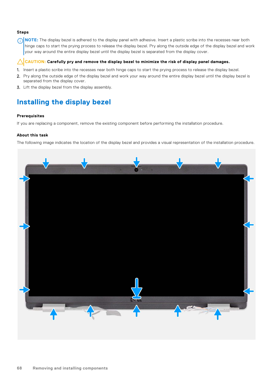 Installing the display bezel | Dell 14" Mobile Precision 3470 Mobile Workstation (Silver) User Manual | Page 68 / 121