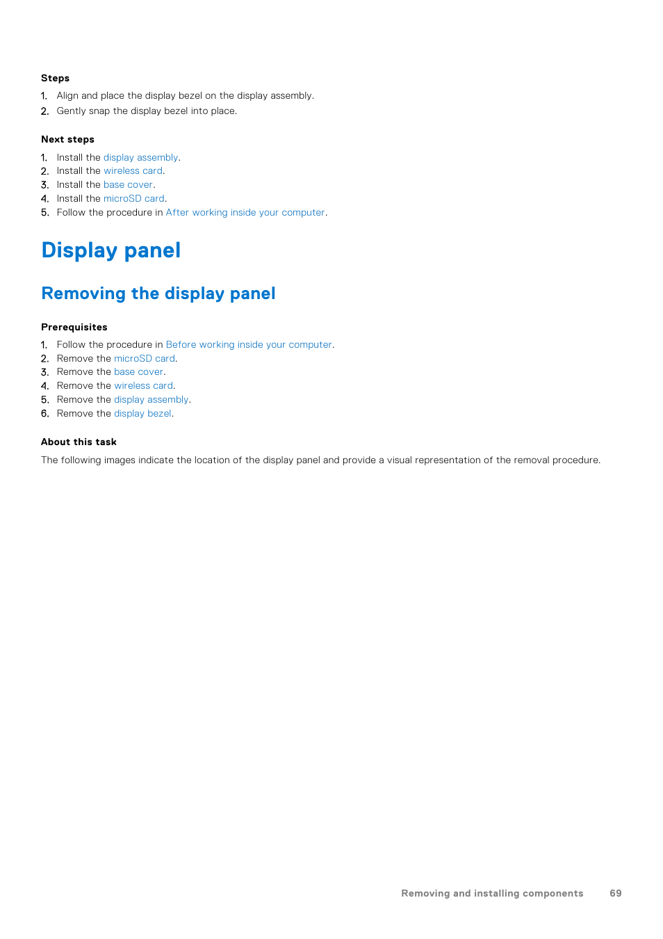 Display panel, Removing the display panel | Dell 14" Mobile Precision 3470 Mobile Workstation (Silver) User Manual | Page 69 / 121